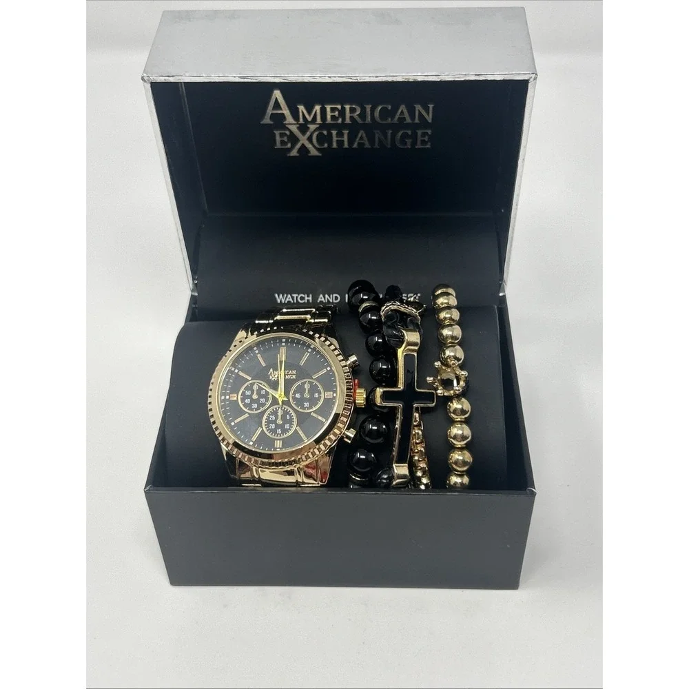 NIB American Exchange Men's Watch & Bracelet Set Gold Tone Black Face